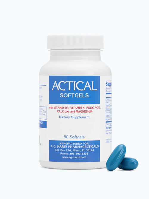 Actical calcium, vitamin D3, vitamin K, folate and magnesium softgels, front of bottle